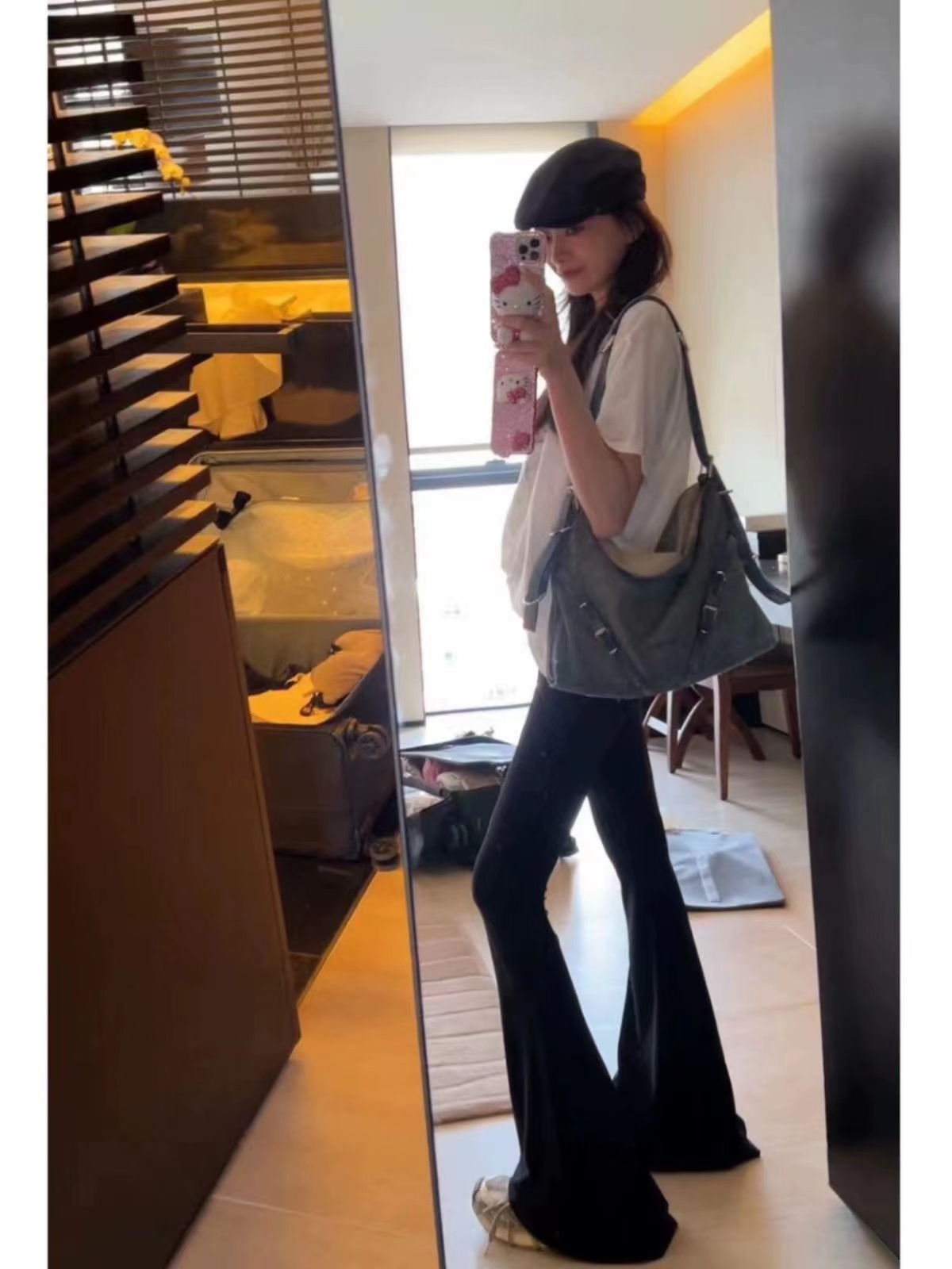 IN MIMIFACE 黑色高腰喇叭褲女夏季直筒休閒薄款顯瘦垂感修身長褲