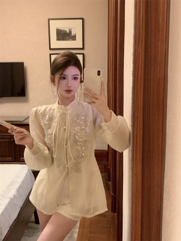 實拍 新中式國風亮片刺繡防嗮長款外套杏色襯衫上衣女