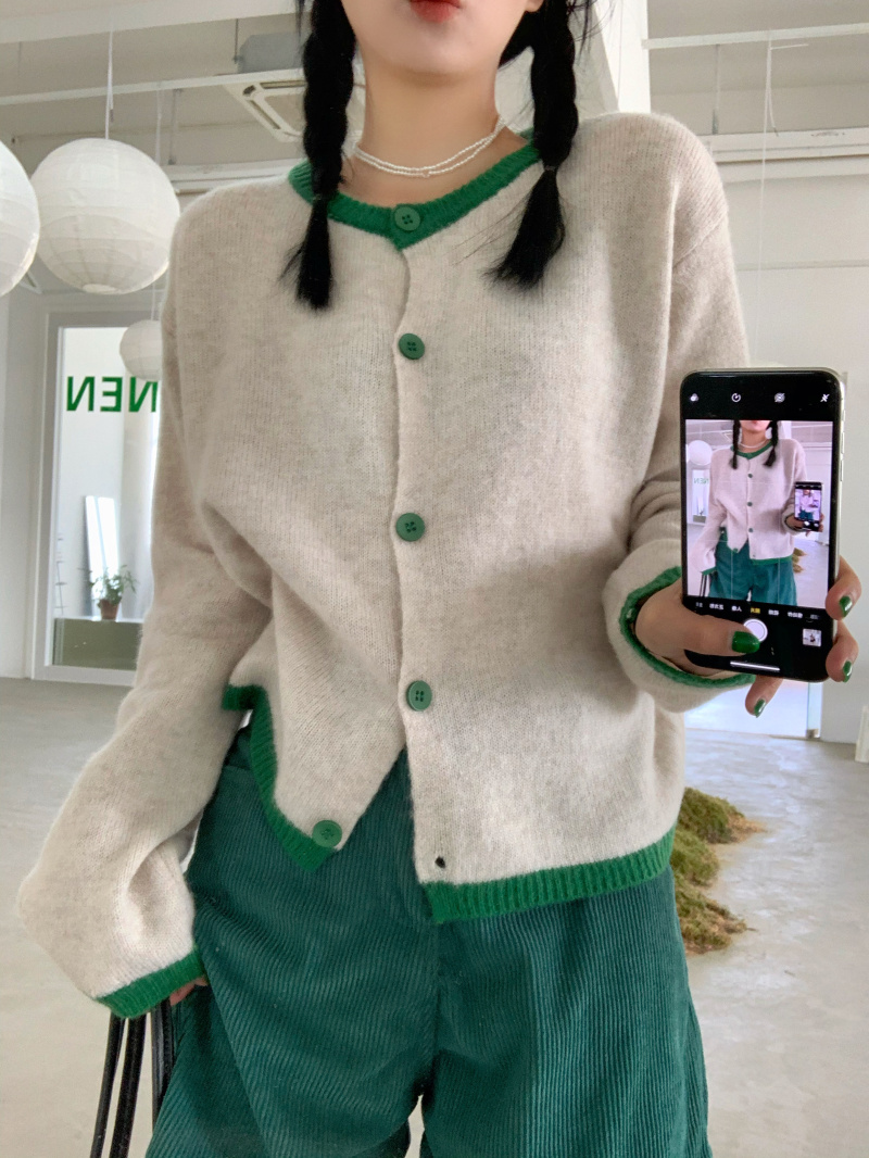 實拍~韓版拼色短款毛衣外套女寬鬆撞色針織開衫