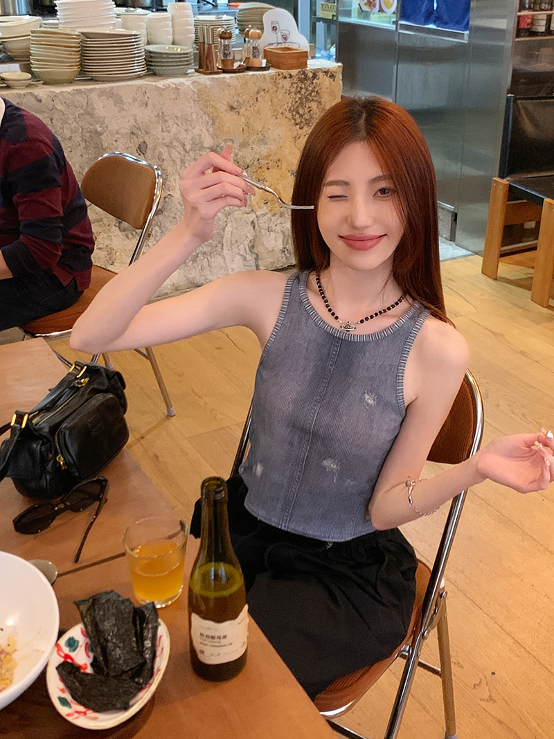 實拍 水洗做舊背心女夏季復古美式辣妹緊身短款露臍上衣
