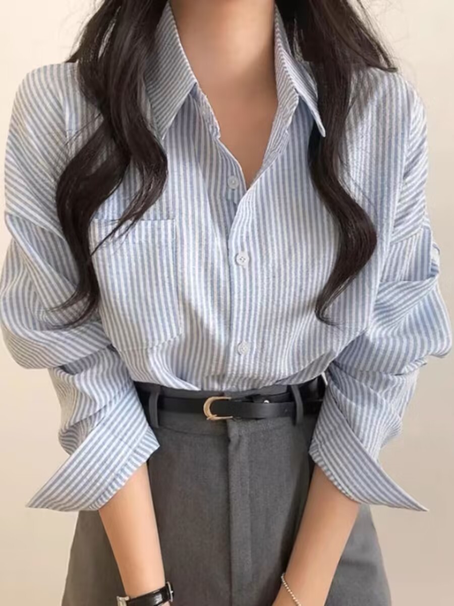 韓國chic藍色襯衣女時尚穿搭系復古寬鬆慵懶條紋長袖襯衫別致上衣