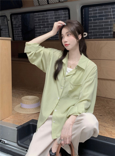 实拍！绿色韩版宽松落肩袖设计感长袖衬衫春夏薄款百搭防晒衫