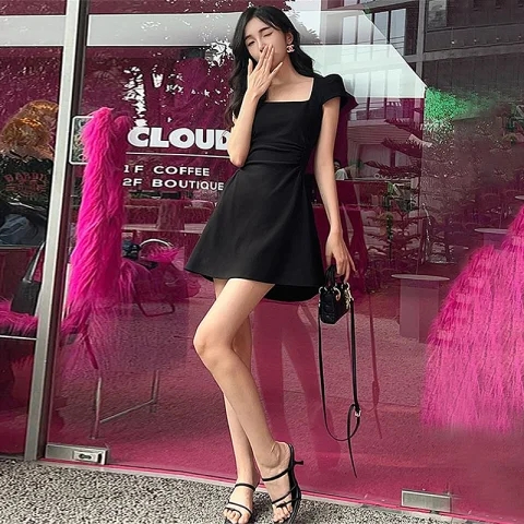 有拉鏈 茶歇法式赫本風黑色連衣裙子女夏季風氣質收腰顯瘦小黑裙