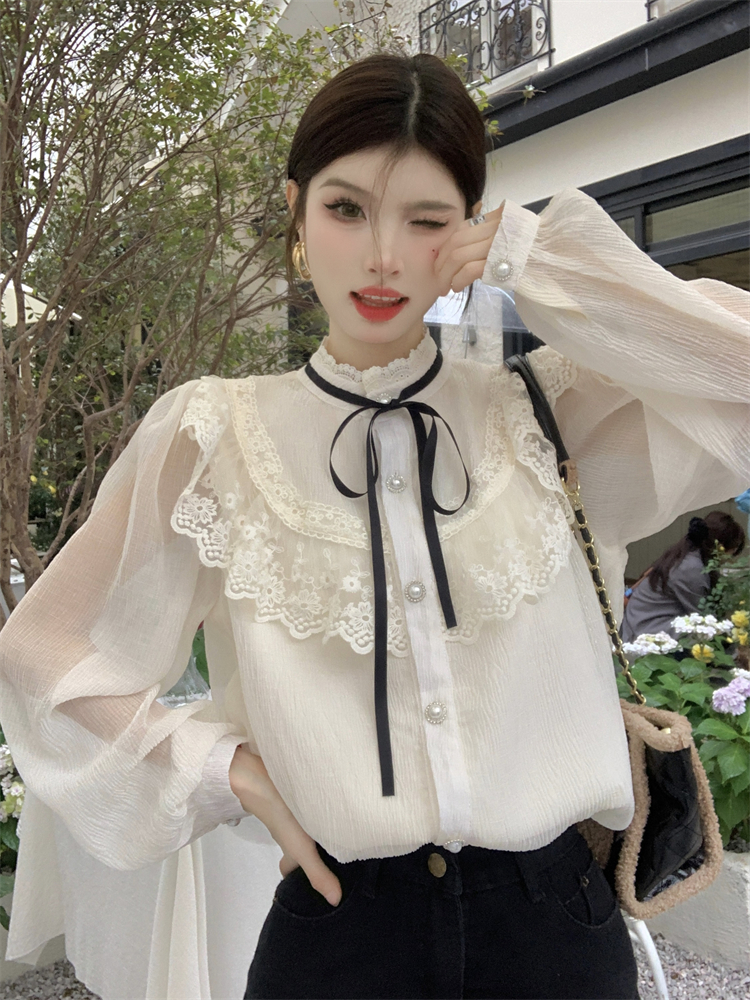 實拍 2024新款甜美蝴蝶結系帶蕾絲拼接花邊領長袖襯衫女打底