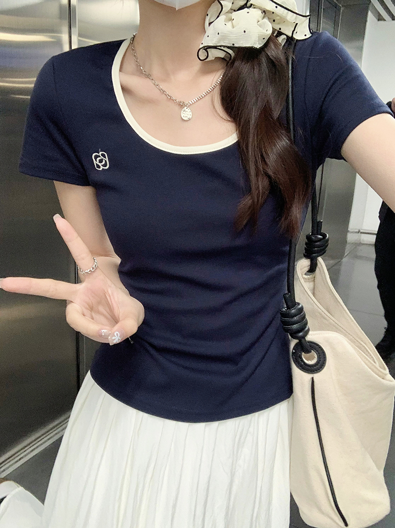 實拍1*1螺紋純棉短袖t恤女裝夏2024純色刺繡花潮修身短款圓領上衣