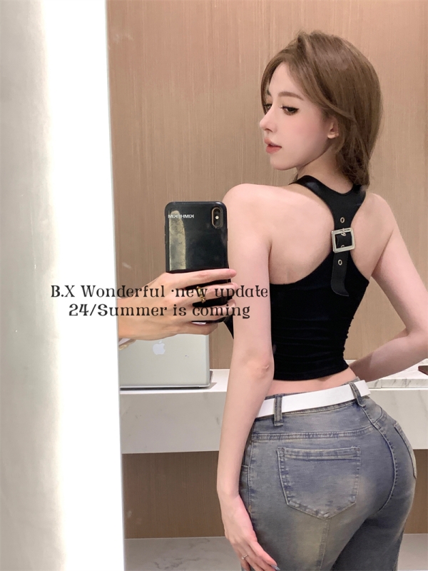實拍 純欲辣妹背後搭扣設計感螺紋拼接背心修身吊帶上衣女