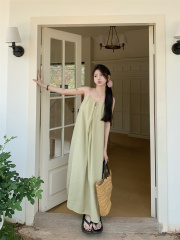 實拍~無袖掛鈎吊帶連衣裙女夏季設計感寬鬆顯瘦遮肚子長裙