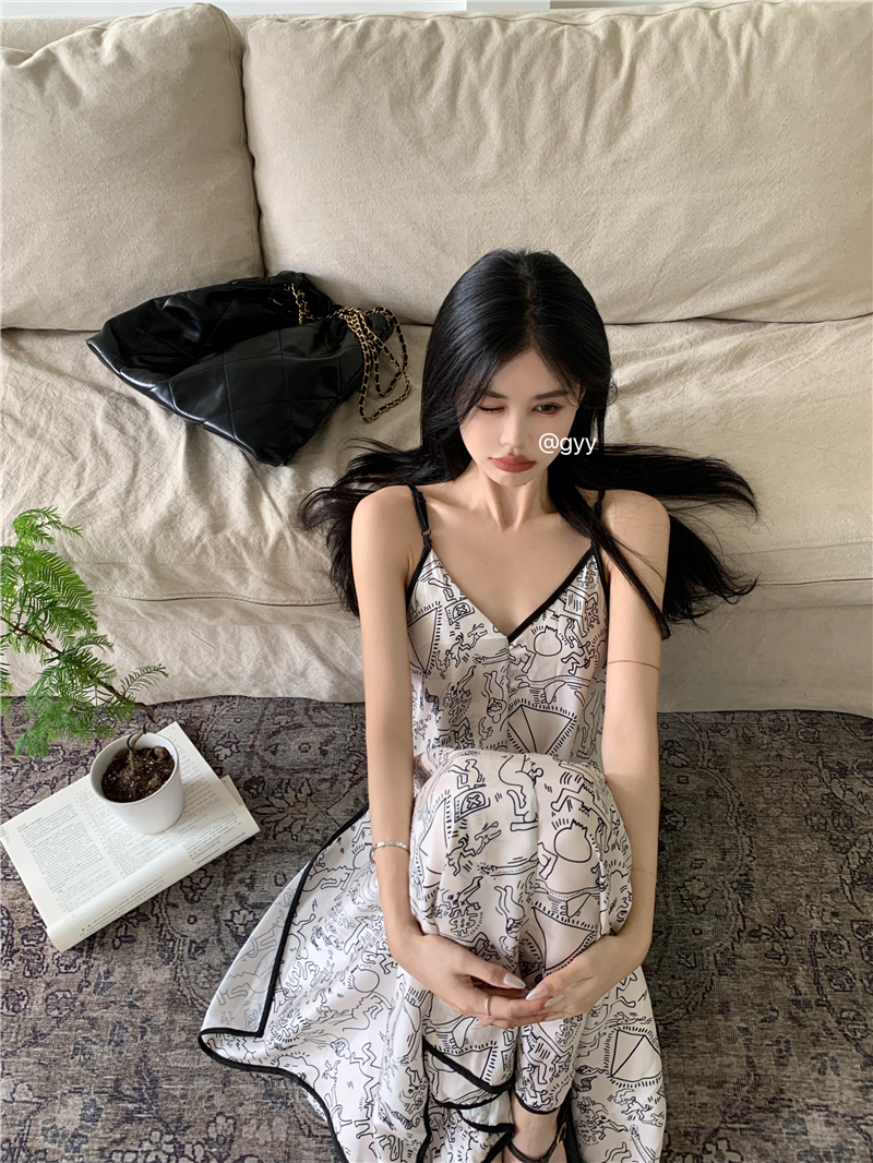 實拍  法式緞面兩穿吊帶連衣裙女夏季度假風復古中長裙