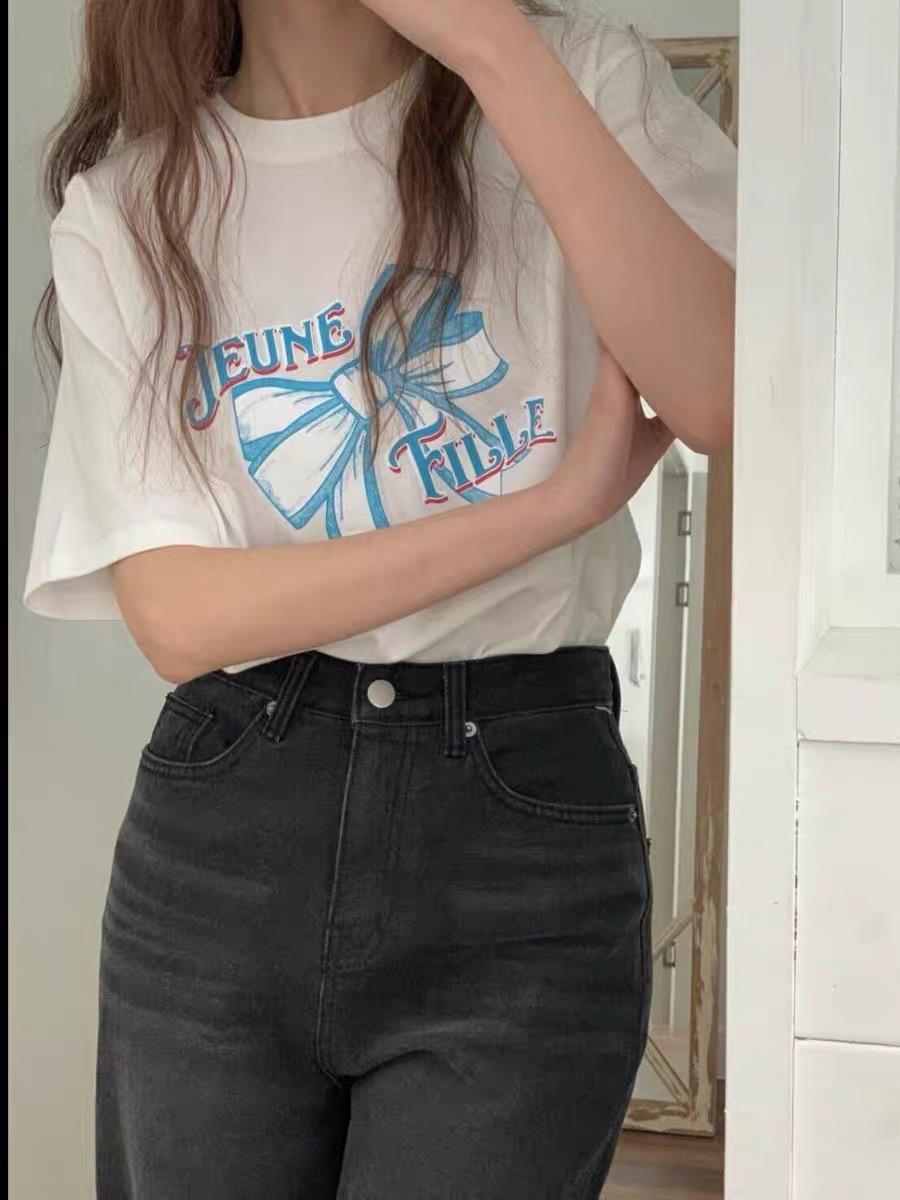 韓國lns小時蝴蝶結夏季新款印花減齡純棉寬鬆休閒百搭短袖T恤潮