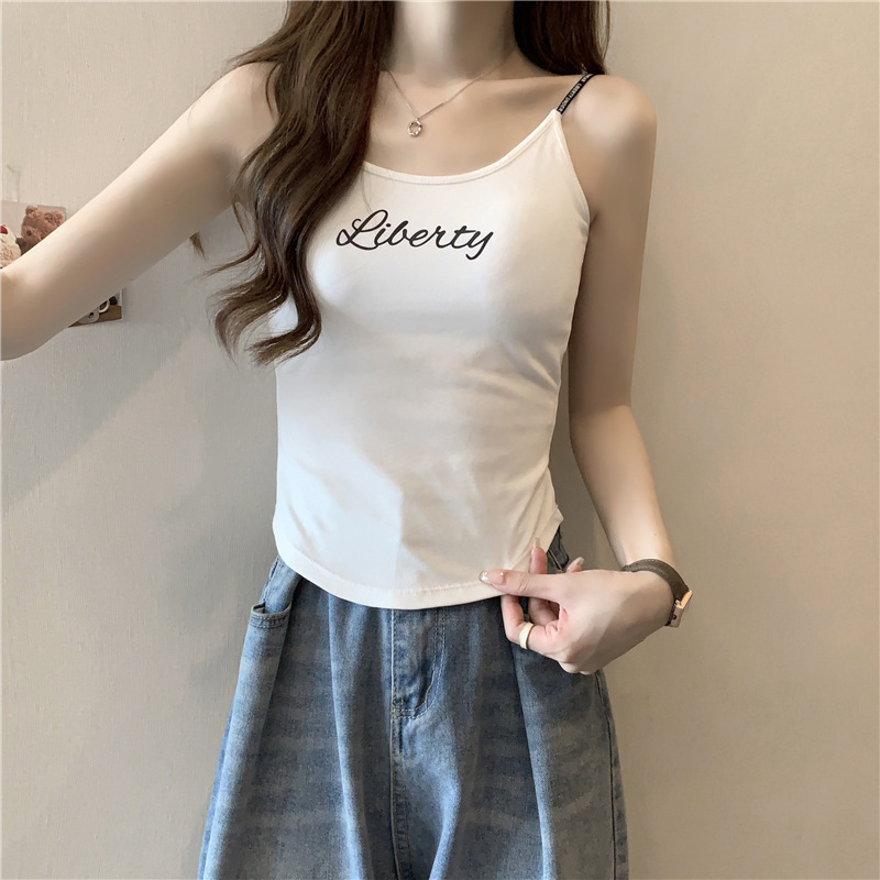 韓版純棉美背吊帶女帶胸墊字母印花背心一體杯外穿打底上衣