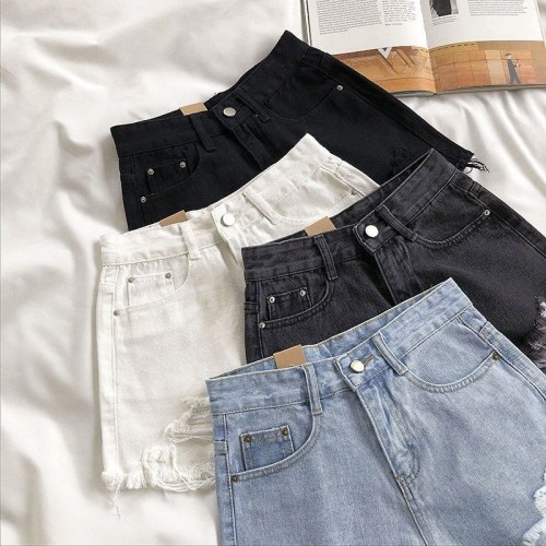 2024 Summer Korean Style Raw Edge Ripped Denim Shorts Women's Large Size Fat MM Wide Legs Slimming Straight A-Line Hot Pants