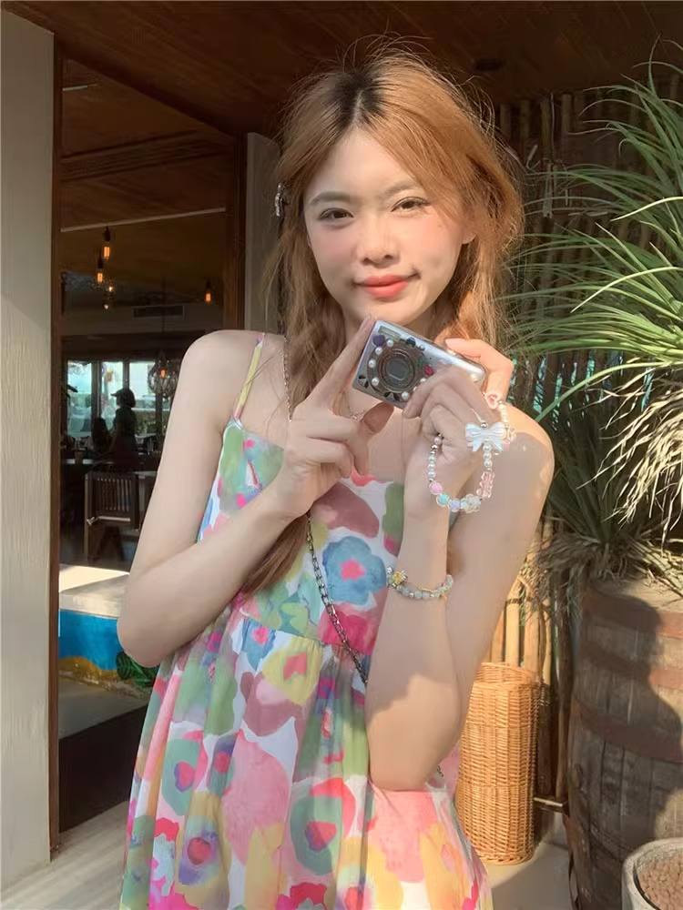 韓國原單復古油畫碎花吊帶連衣裙女夏季法式海邊度假風無袖長裙