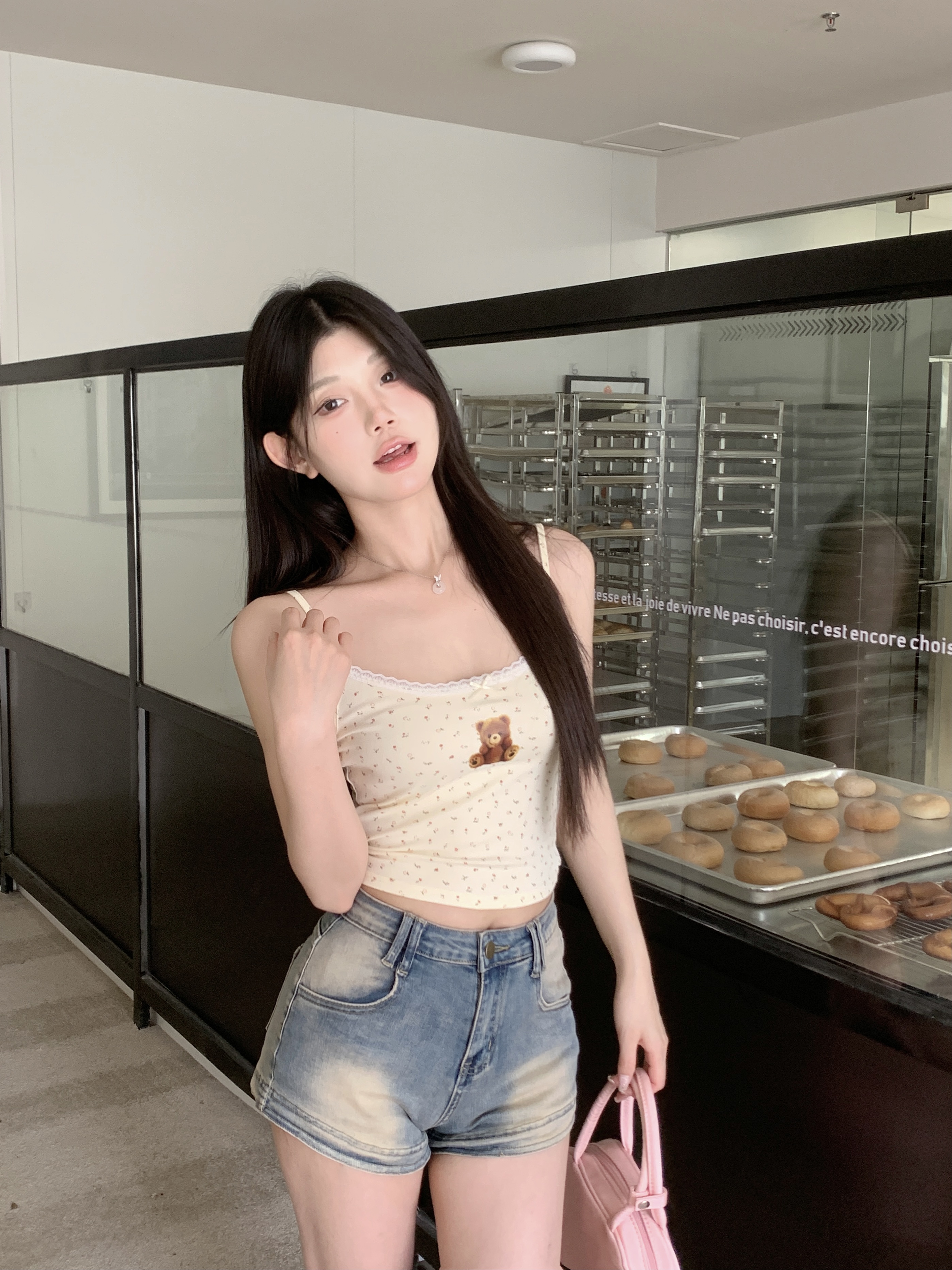 實拍甜辣妹套裝小個子碎花開衫短外套小熊印花吊帶背心兩件套