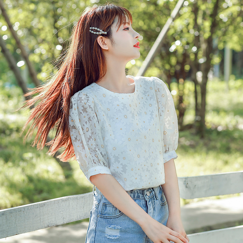 2024年實拍夏季新款時尚女裝寬鬆韓版小雛菊花雪紡衫短袖上衣女