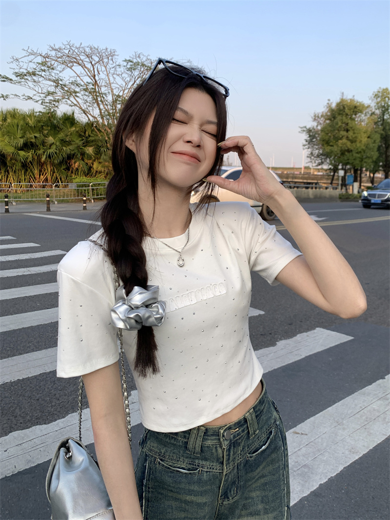 實拍 夏季新款重工燙鑽圓領套頭修身顯瘦百搭短袖T恤上衣