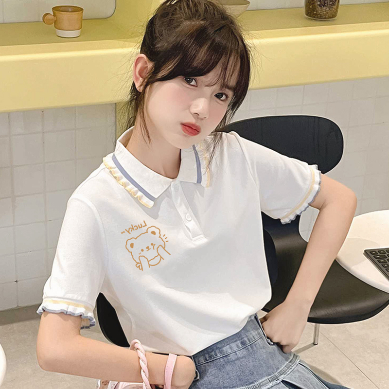 少女學生小清新百搭拼接polo領短袖上衣夏季新款可愛上衣