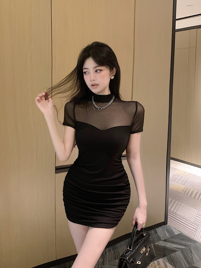 小個子穿搭純欲風性感網紗拼接修身收腰包臀短袖高端精緻連衣裙