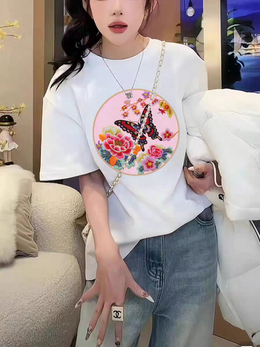 200克精梳緊密賽落紡 純棉後包條 春夏寬鬆正肩印花短袖T恤