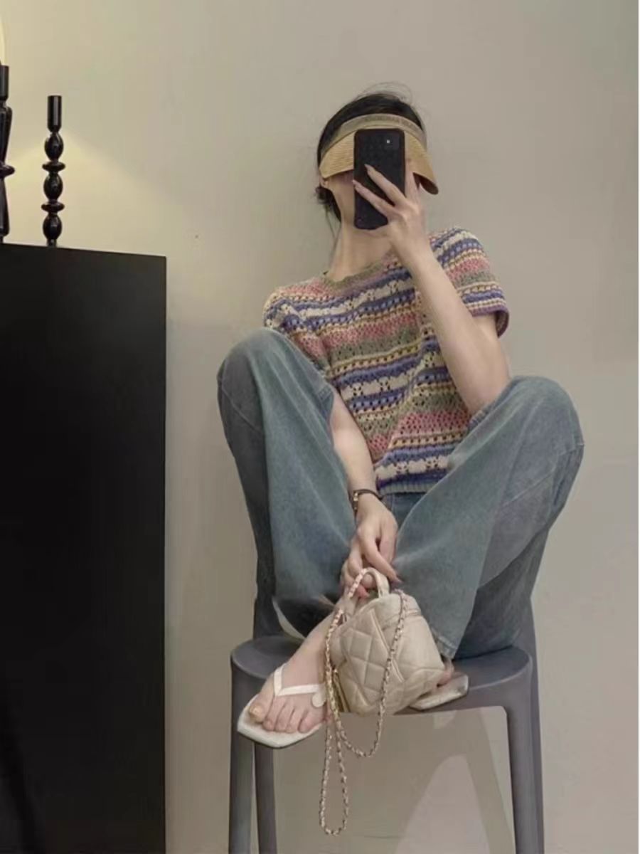 條紋鏤空短款短袖正肩t恤女夏設計感小眾小個子寬鬆針織冰絲上衣