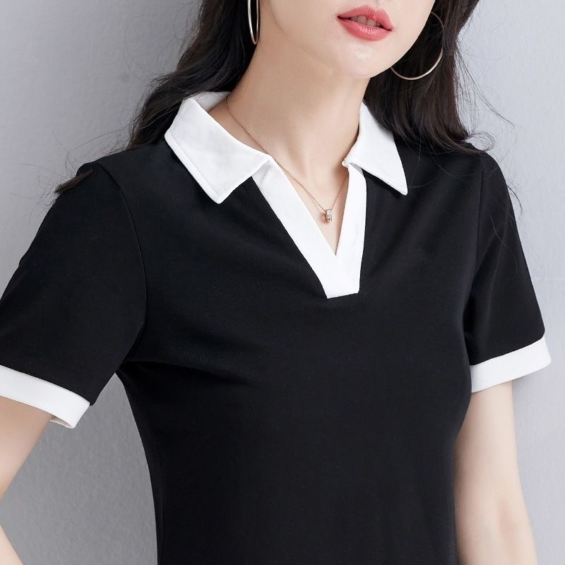 夏季新款黑色polo領短袖打底T恤女夏撞色V領顯瘦正肩短款上衣