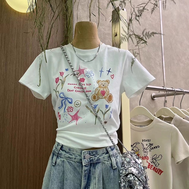 十三行春夏季新款百搭休閒印花卡通小熊短袖T恤修身短款上衣打底