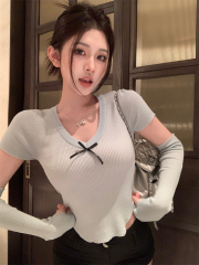 實拍 新款溫柔風獨特别致套袖蝴蝶結V領修身顯瘦上衣