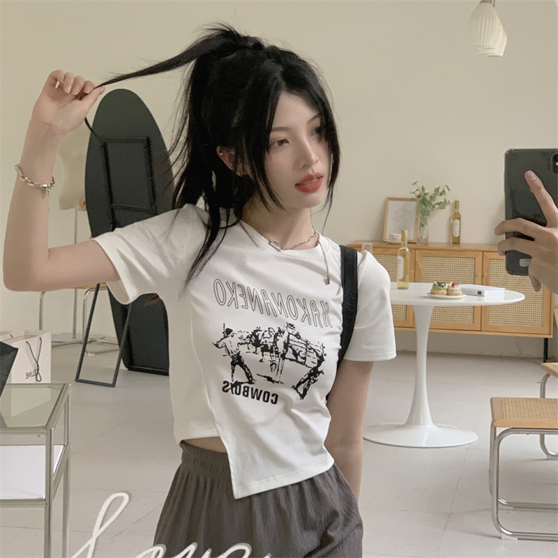 羅紋 短袖不規則t恤女夏復古開叉短款辣妹上衣
