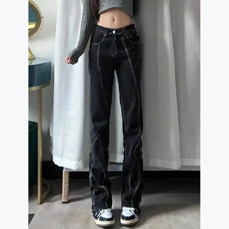 設計感明線分割ins高街微喇牛仔褲女春夏新款高腰顯瘦直筒長褲潮