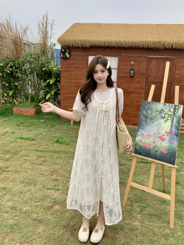 Actual shot of new sweet puff sleeve lace vest dress two-piece set