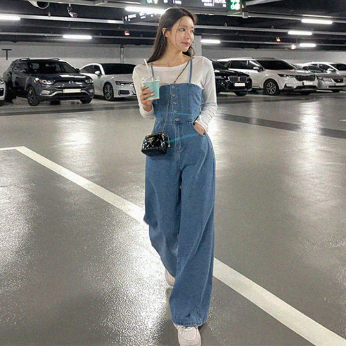 24 spring solid color washed white single breasted suspender flare leg jumpsuit jeans