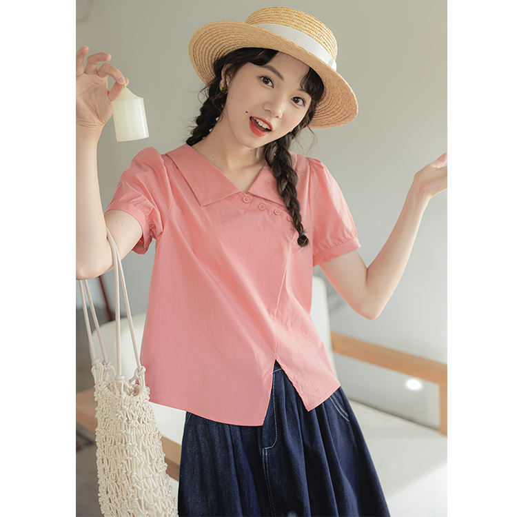 實拍新款甜美泡泡袖短款襯衣斜扣短袖襯衫女設計感小眾2024夏季