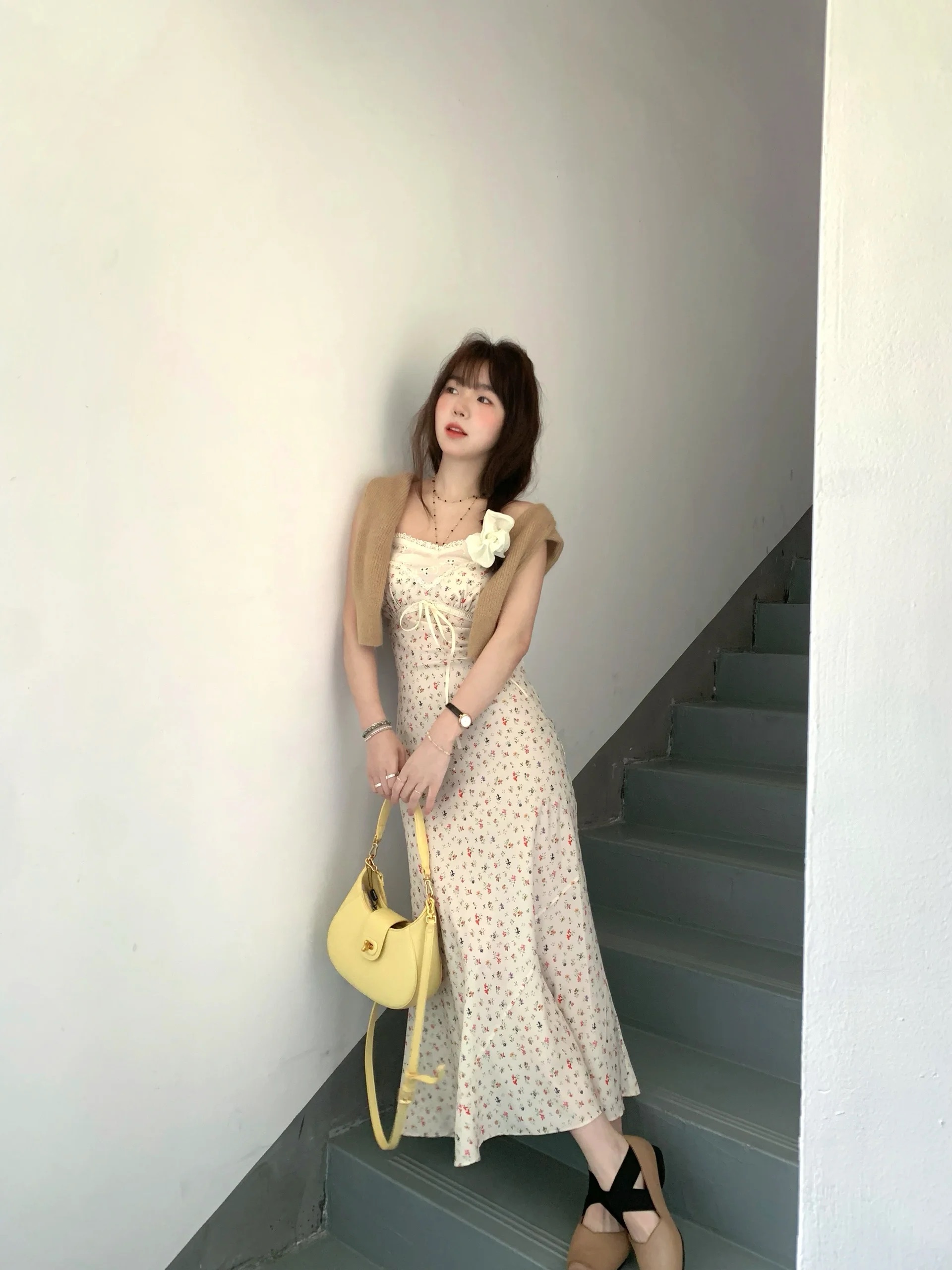 甜美小清新碎花裙法式吊帶連衣裙女夏季小個子森系裙子開衫兩件套