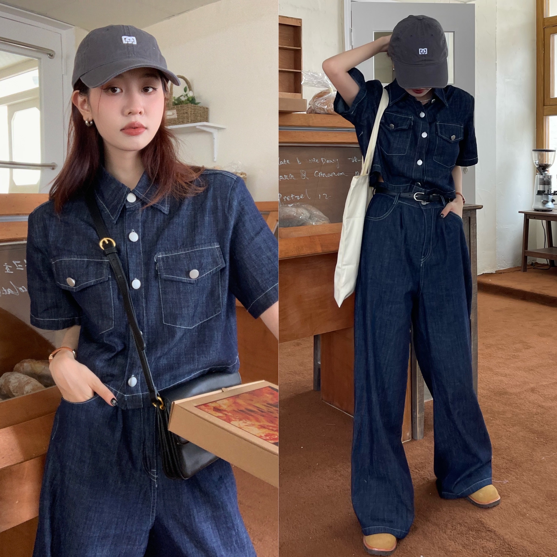 Real photos, personal care, casual, washing cowboy short-sleeved shirt vs loose denim floor pants suit