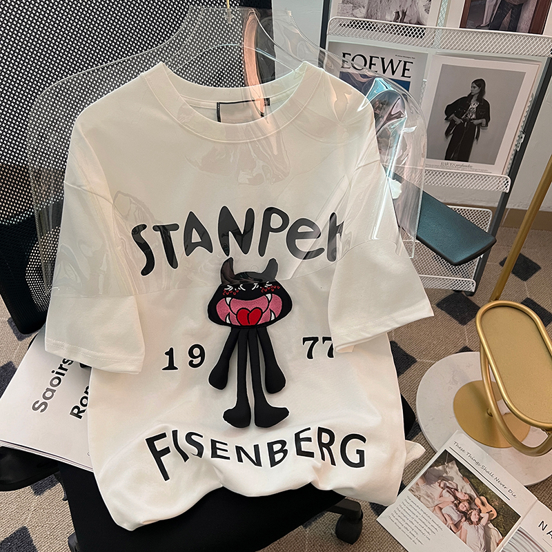 實拍32支雙紗230克短袖t恤女夏2024刺繡花潮圓領新款上衣大碼女裝