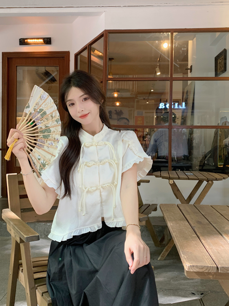 實拍 新中式國風鹽系盤扣露肩上衣女夏季新款設計感小眾襯衣