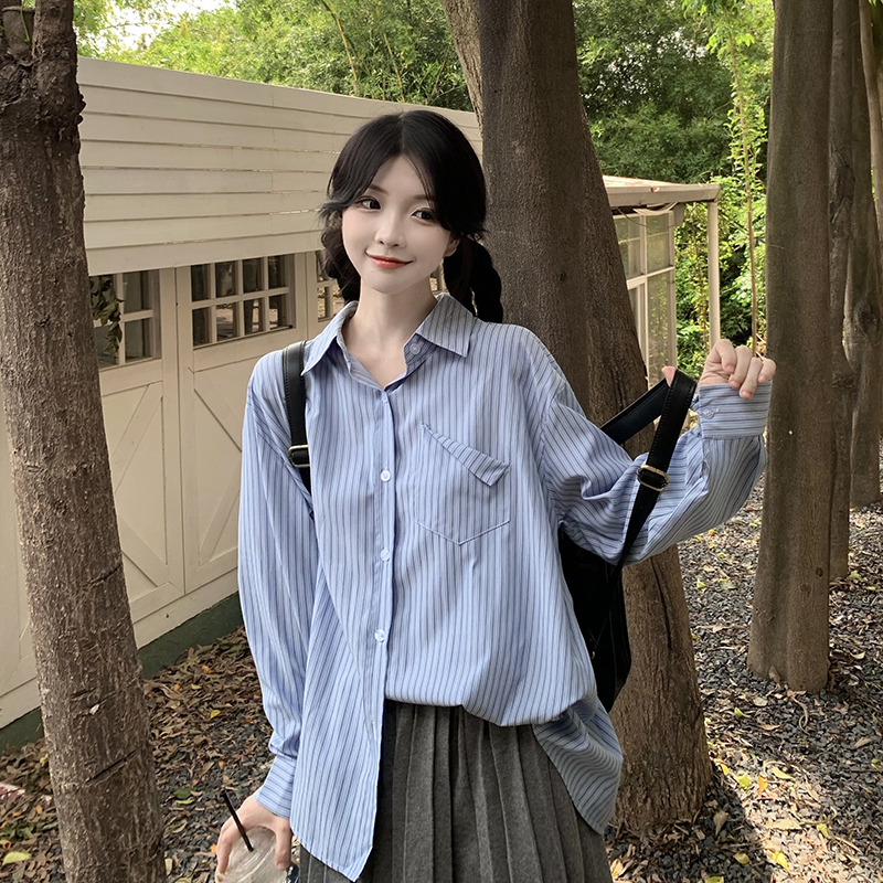 實拍  春季新款條紋襯衫女長袖設計感學院風襯衣外套