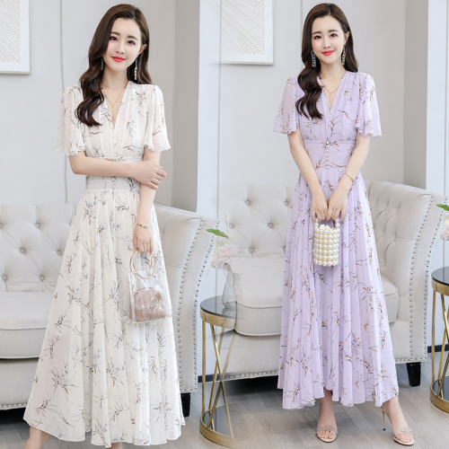 Fashion new chiffon dress female British style goddess style high waist British style foreign style summer slimming long swing