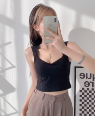 純棉方領露鎖骨無袖帶胸墊背心女韓版短款內搭打底白上衣