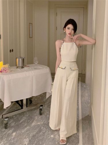 Real shot of elegant maker Xiao Xiangfeng suspender top high-waisted wide-leg pants French lady style high-end suit