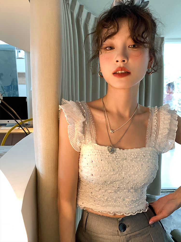 DULA好好家亮鑽蕾絲邊吊帶背心女短款修身小眾設計感純欲辣妹上衣