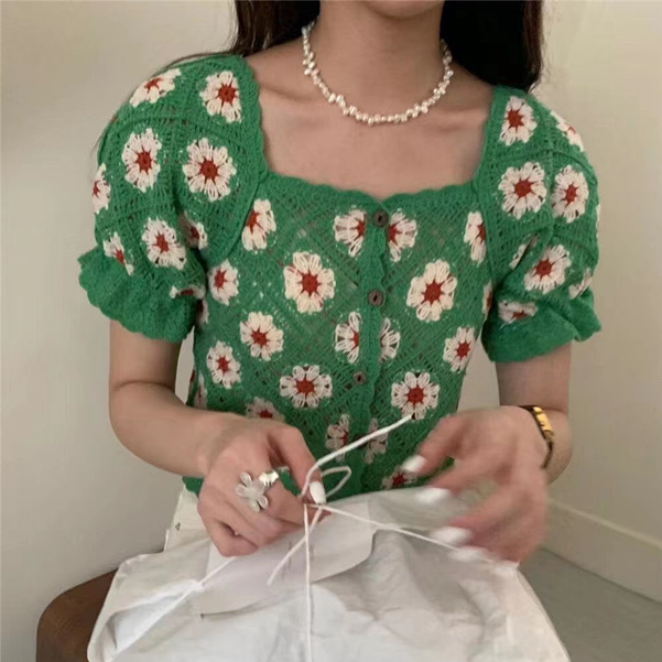 春夏復古小菊花方領漏鎖骨針織短袖女海邊度假風條紋短款上衣