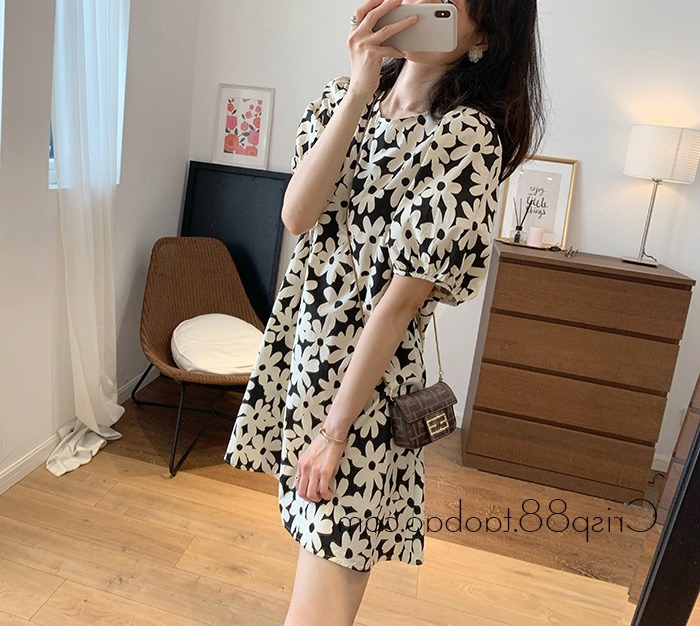 韓國原單小雛菊碎花連衣裙女裝夏季泡泡袖半身裙短裙子A字裙