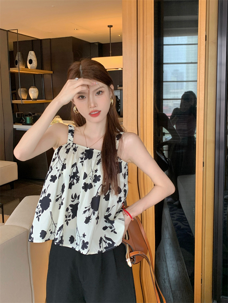 實拍 夏季新款設計感寬鬆顯瘦花色吊帶背心女