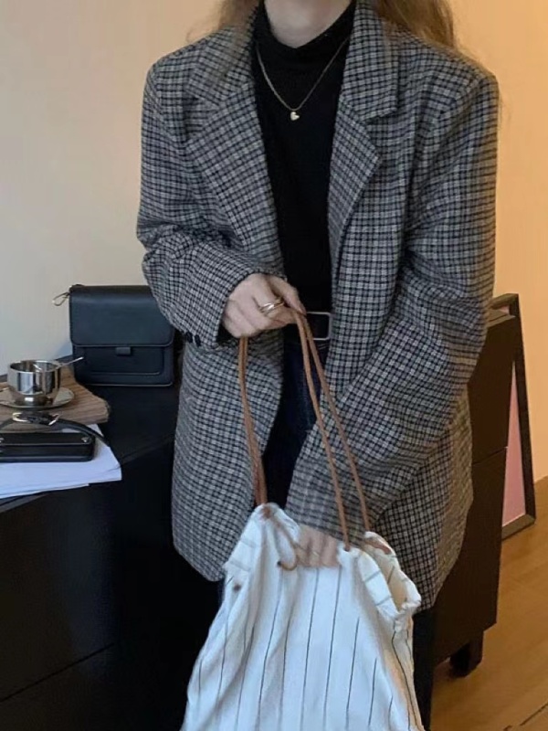 實拍三標齊自製款韓版毛呢復古格子西裝外套女