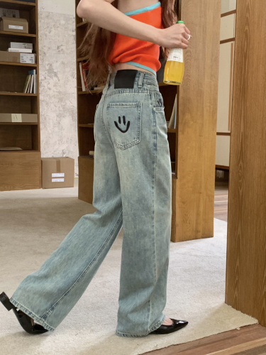 Actual shot of early spring loose wide-leg washed pocket smiley face embroidered straight floor-length denim trousers