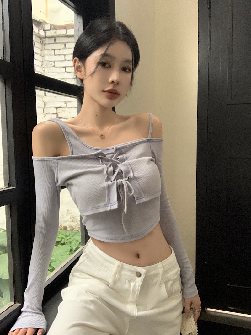實拍 純欲辣妹修身顯瘦復古做舊短款假兩件長袖吊帶T恤上衣
