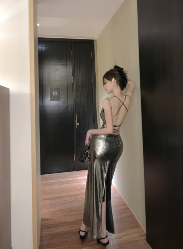 Real shot of hot girl sexy liquid metal swing collar backless silver suspender dress female long skirt