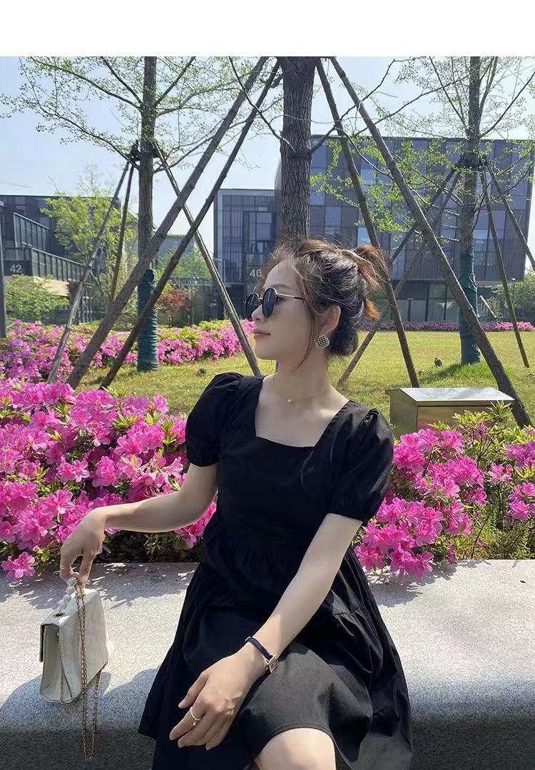 韓國原單連衣裙女夏新款韓版中長款法式寬鬆赫本風蝴蝶結裙子