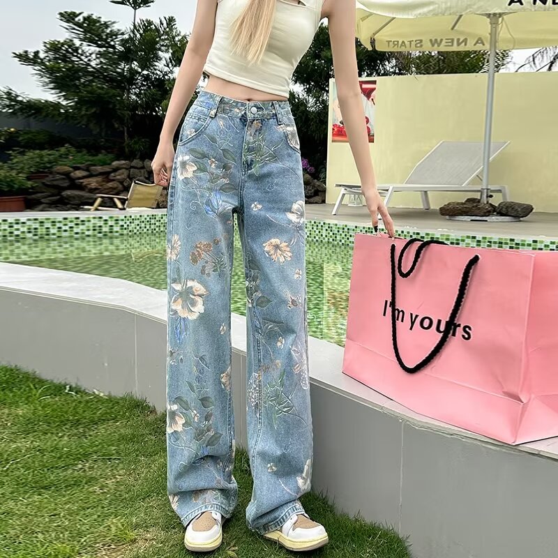 復古國風印花闊腿牛仔褲女春夏季ins潮高街寬鬆休閒百搭直筒褲子