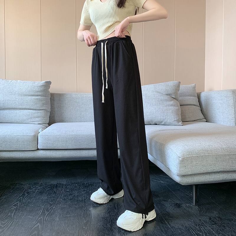 實拍冰絲闊腿褲女春夏新款高腰垂感寬鬆顯瘦直筒休閒拖地褲子